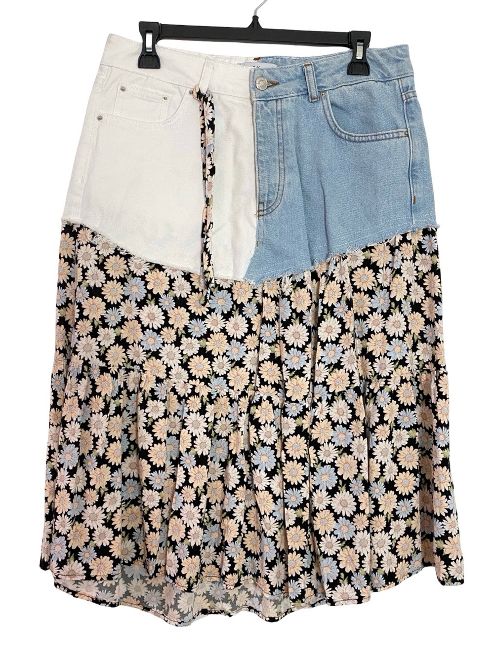 Custom Midi Denim Jean Skirt Womens Size Medium Floral OOAK Blue White Daisy